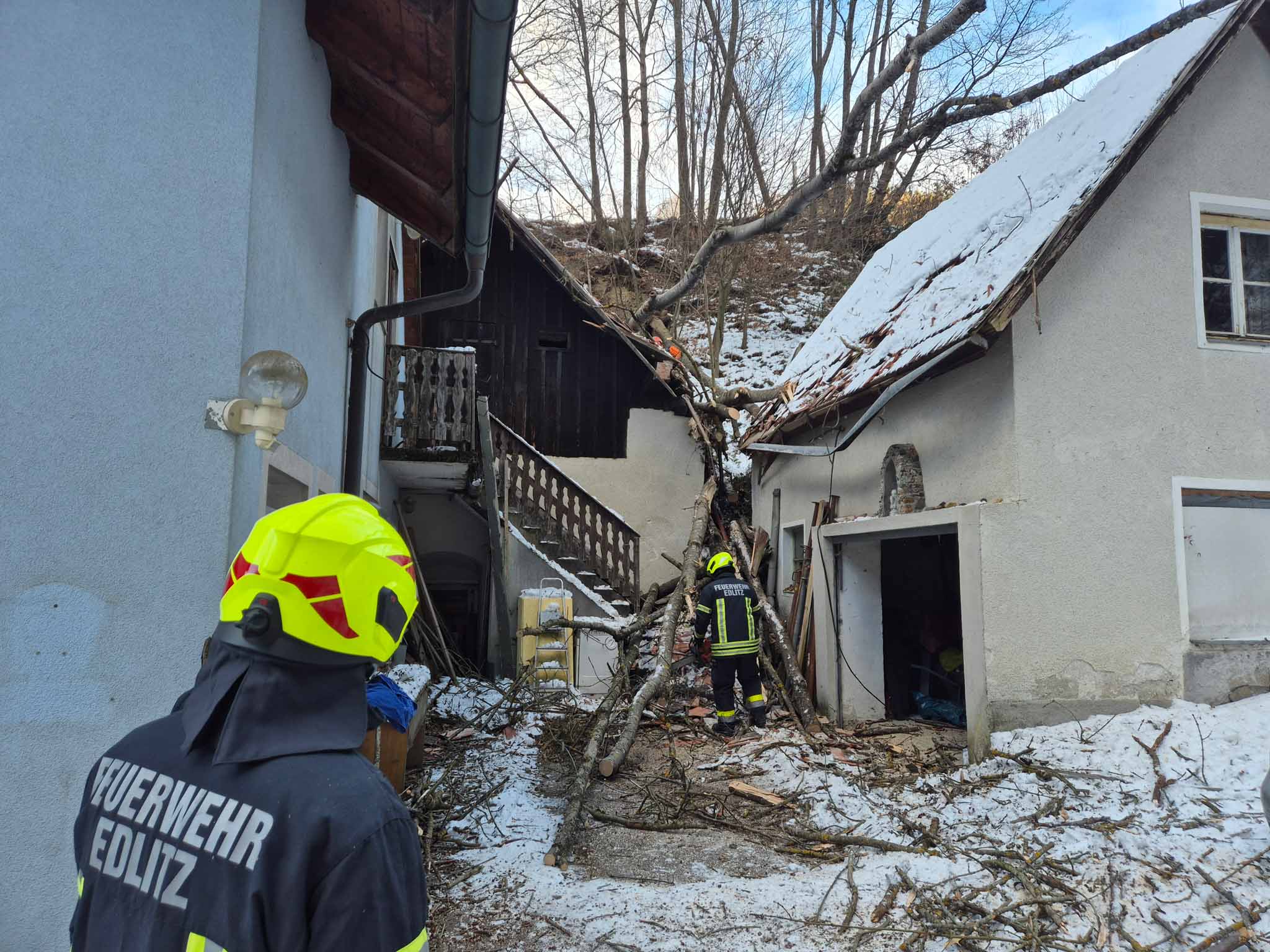 Baum auf Gebäude gestürzt